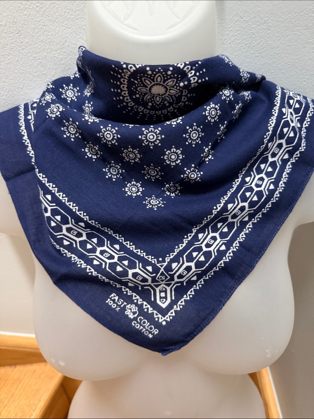 Vintage Elephant Brand Fast Color Navy Blue Bandana 100% Cotton Geometric Flower